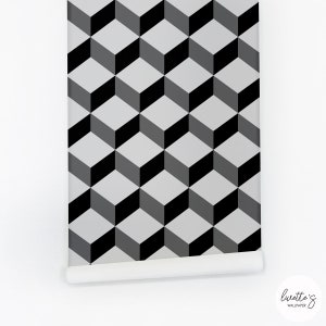 Peel And Stick Wallpaper Mid Century Wall Paper Geometric Grey Cube Pattern Removable Wallpaper Self Adhesive Custom Wallpaper By Livettes