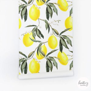 Wall Paper Lemons Peel And Stick Fabric Wallpaper Bright Yellow Accent Wallpaper Custom Made Temporary Fruits Wallpaper By Livettes