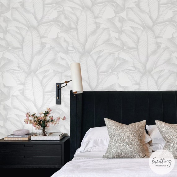 Light Grey Banana Leaves Wallpaper Subtle Design Palm Leaf - Etsy