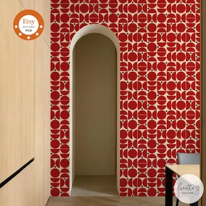 Red Geometric Removable Wallpaper: Retro Kitchen Wall Art