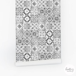 Monochrome Spanish Tiles, Removable Wallpaper, Bathroom Tile Peel and Stick or Traditional material