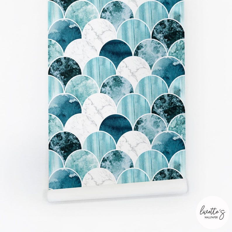 Blue Marble Wallpaper Nautical Scallop Tiles Peel and Stick Etsy