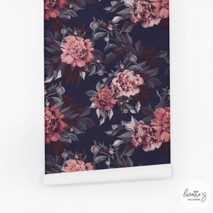 Peel And Stick Wallpaper Dark Blue Pink Floral Removable Wallpaper Custom Made Wallpaper With Large Flowers Self Adhesive Peony Wall Paper