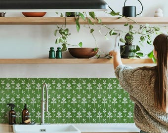 Floral Green Peel and Stick Backsplash - White Flower Design