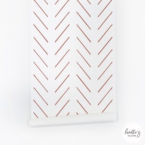 brick red lines print wallpaper in herringbone pattern