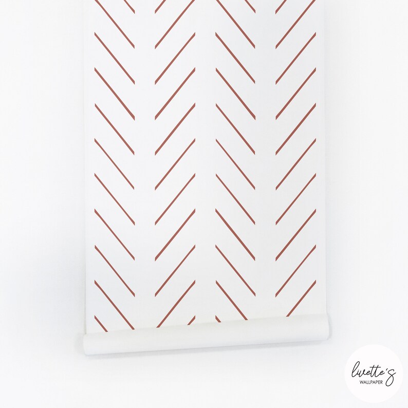 brick red lines print wallpaper in herringbone pattern