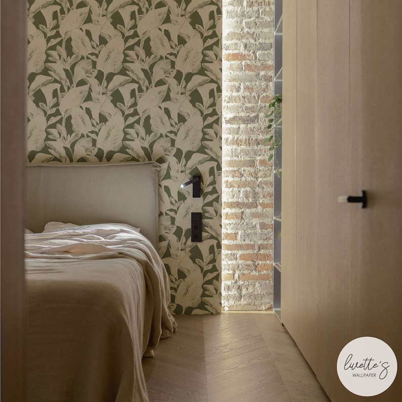 Tropical Peel And Stick Wallpaper With Vintage Botanical Prints As Green Wall Backdrop For Bedroom Interior image 2