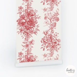 Red Flower Wallpaper Peel And Stick Fabric Wallpaper Temporary Accent Wall Paper Floral Botanical Wallpaper Custom Made Wall Panel