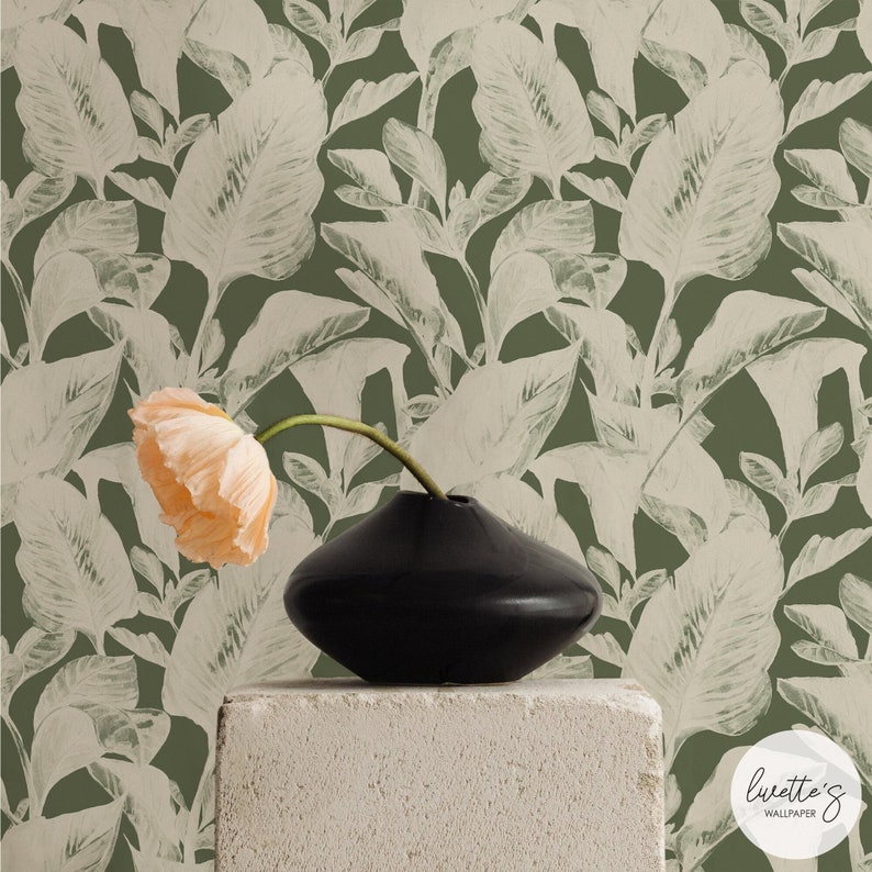 Tropical Peel And Stick Wallpaper With Vintage Botanical Prints As Green Wall Backdrop For Bedroom Interior image 1