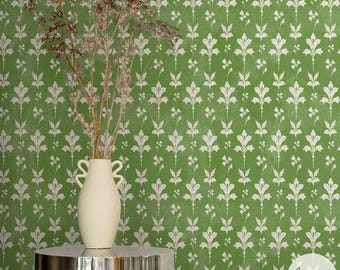 Green Floral Damask Wallpaper, Vintage Style