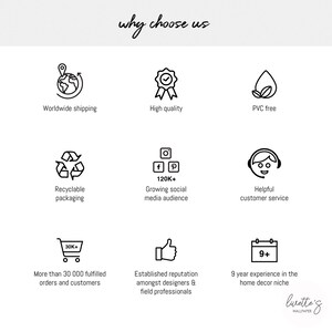 May include: A graphic with the text "why choose us" and icons representing worldwide shipping, high quality, PVC free, recyclable packaging, a growing social media audience, helpful customer service, over 30,000 fulfilled orders, established reputation, and 9+ years experience.