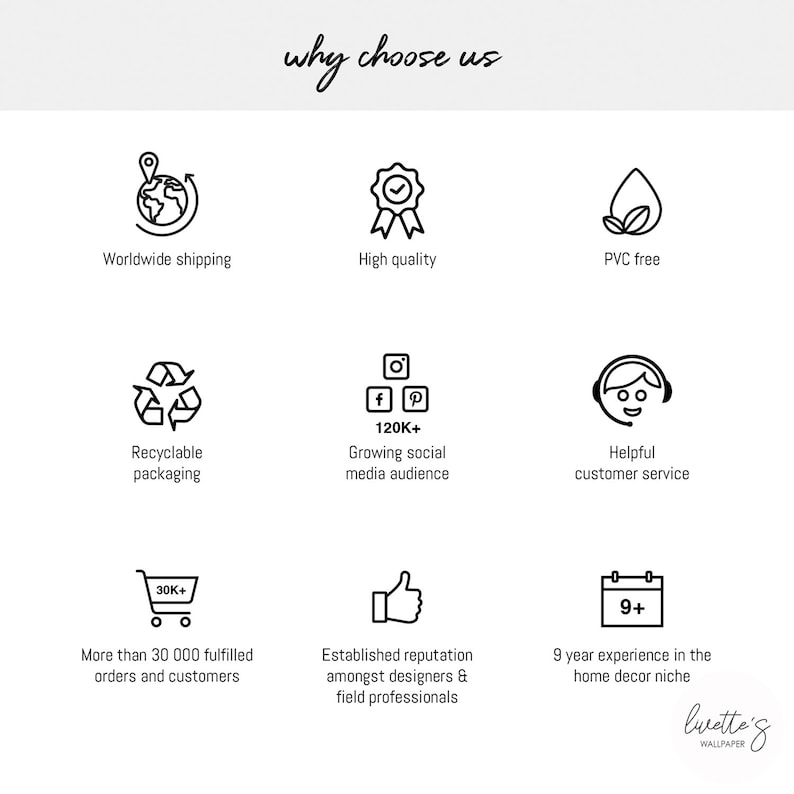May include: A graphic with the text "why choose us" and icons representing worldwide shipping, high quality, PVC free, recyclable packaging, a growing social media audience, helpful customer service, over 30,000 fulfilled orders, established reputation, and 9+ years experience.