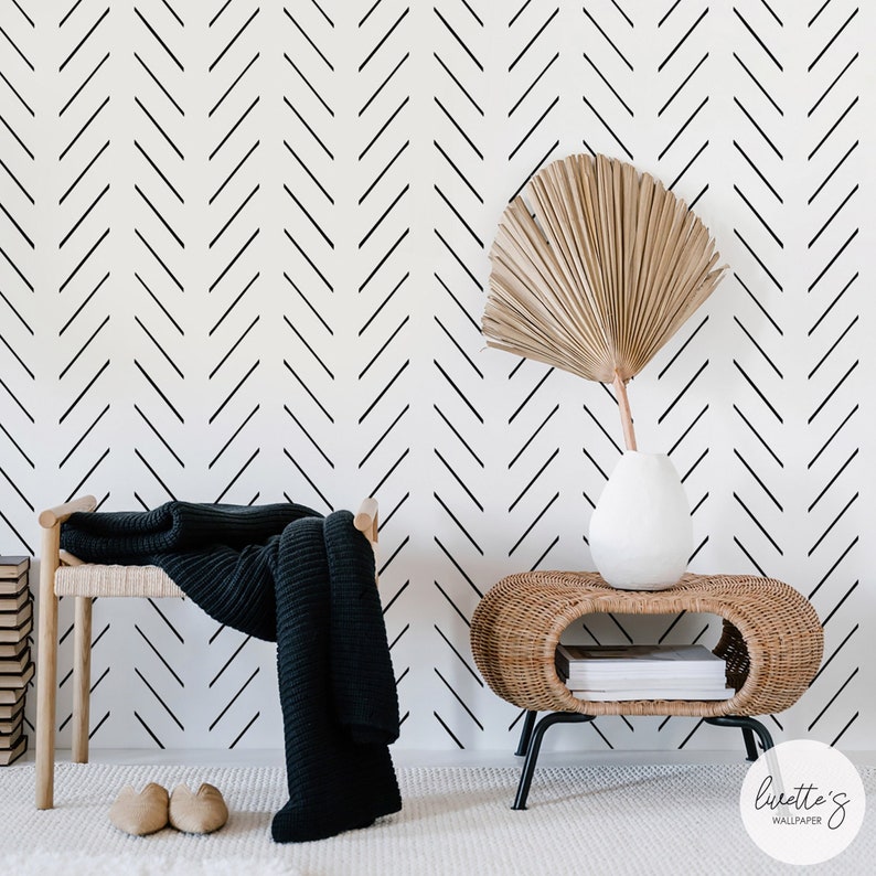 bohemian style interior with simple lines pattern wallpaper