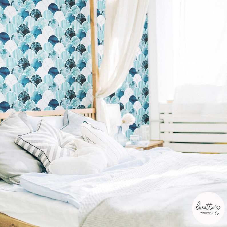 Blue Marble Wallpaper Nautical Scallop Tiles Peel and Stick Etsy