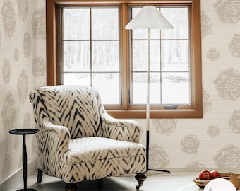 Neutral Big Abstract Flowers Grasscloth Wallpaper