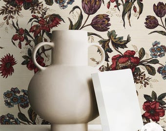 Vintage Floral Grasscloth Wallpaper