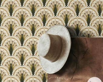 Earthy Art Deco Wallpaper Floral Wallpaper With Art Deco Inspired Details Luxurious Wallpaper Design Green Wallpaper With Brown Details