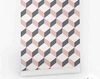 Cube Pattern Wallpaper, Pink Gray White Color, Traditional or Peel and Stick Wallpaper