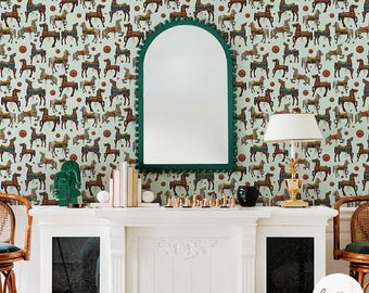 Circus Horses Removable Wallpaper, Mint Green Floral Accent Pattern