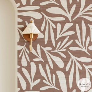 Mocha Color Floral Design Grasscloth Wallpaper