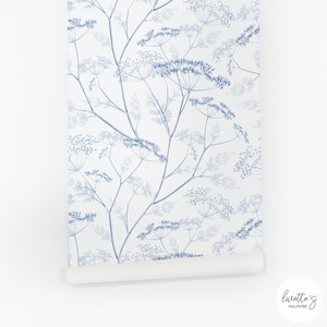 Denim Blue Wildflower Removable Wallpaper, available as self adhesive or non woven wallpaper