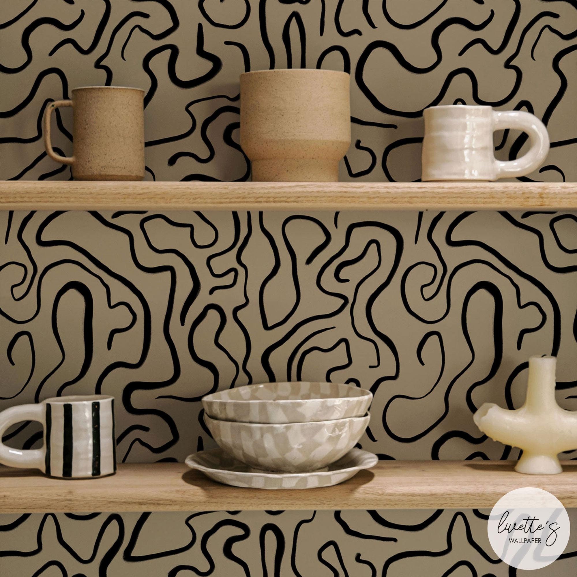 Funky Neutral Pattern Black Lines Wallpaper, Neutral Accent Wall, Funky Line Art (peel and ...