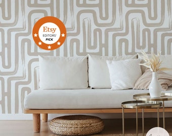 Hazelnut & White Color Brush Stroke Labyrinth Pattern Wallpaper / Minimal design abstract pattern Traditional or Removable Wallpaper