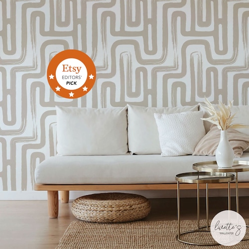 Abstract Labyrinth Wallpaper, Hazelnut & White Brush Strokes, Removable Wallpaper