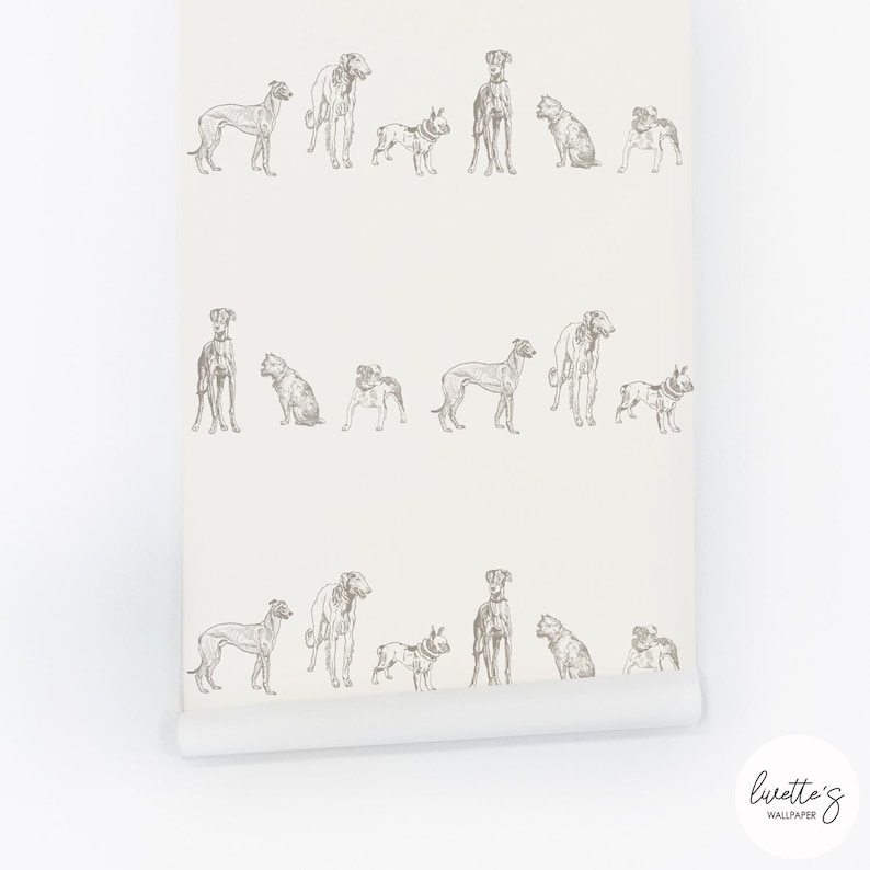 May include: Off-white wallpaper roll featuring a repeating pattern of various dog breeds in a sketched style. The dogs are depicted in shades of gray, creating a neutral and versatile design suitable for any room. The wallpaper is from the brand, Luvette's Wallpaper.