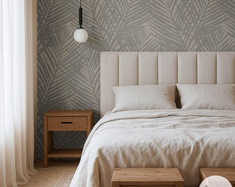 Papel pintado elegante de tela herbácea con palmeras neutras