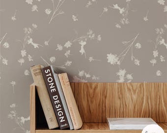 Neutral Wildflower Wallpaper, Meadow Floral Wallcovering (Removable)