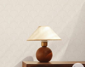 Neutral Art Deco Tiles Pattern Wallpaper Neutral Wallpaper Scallop Detail Wall Design Calm Bedroom Interior With Wallpaper In Neutral Colors