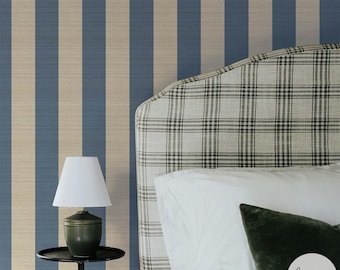 Blue Oversized Stripes Grasscloth Wallpaper