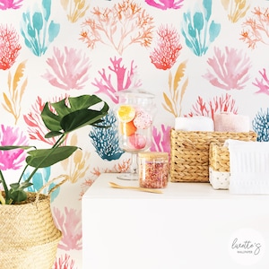Watercolor Coral Reef Wallpaper, Rainbow Color, Bathroom Removable or Traditional wallpaper