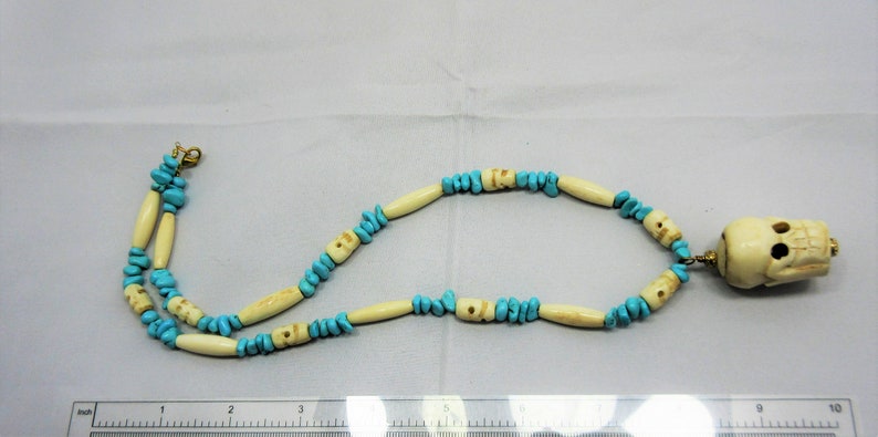 Carved Bone Skull Necklace Skull Necklace Bone Hairpipe Beads 22 Necklace #N5 Genuine Turquoise Halloween Day of the Dead Jewelry