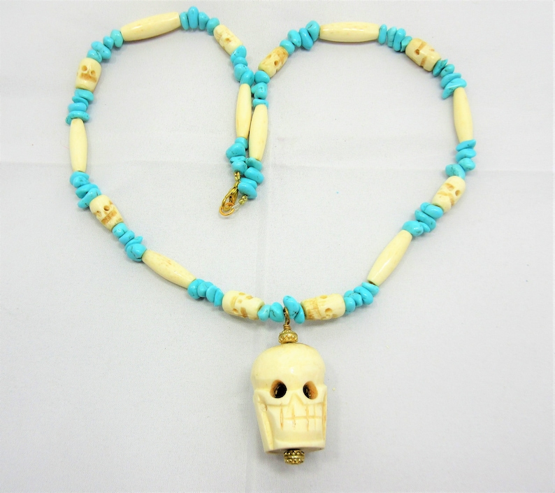Carved Bone Skull Necklace Skull Necklace Bone Hairpipe Beads 22 Necklace #N5 Genuine Turquoise Halloween Day of the Dead Jewelry