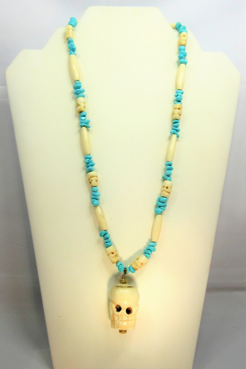 Carved Bone Skull Necklace Skull Necklace Bone Hairpipe Beads 22 Necklace #N5 Genuine Turquoise Halloween Day of the Dead Jewelry