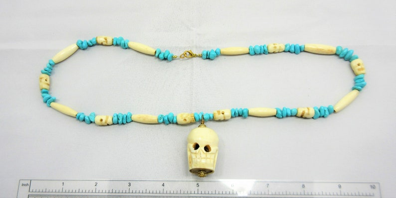 Carved Bone Skull Necklace Skull Necklace Bone Hairpipe Beads 22 Necklace #N5 Genuine Turquoise Halloween Day of the Dead Jewelry