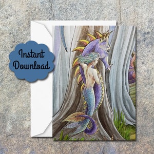 Tarjeta de notas de bellas artes "Sea Forest - Detalle de sirena" - Imprimible - Descarga instantánea - En blanco por dentro - Papelería, Saludo, Gracias