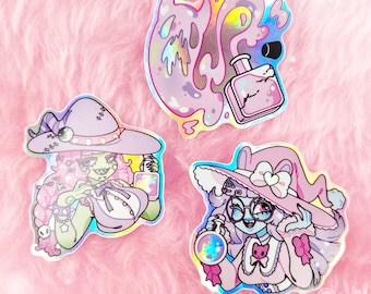 PASTEL WITCHES sticker set - - - holographic, sparkly, glitter, vinyl sticker set, kawaii