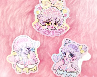 SAD SLIME GIRLS stickerset - - - holografisch, sprankelend, glitter, vinyl stickerset, kawaii