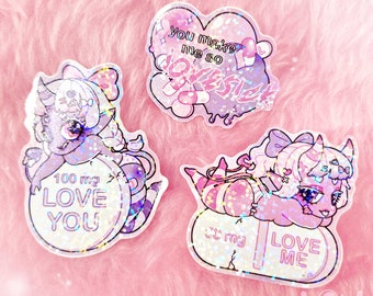 LOVE SICK sticker set - - - holographic, sparkly, glitter, vinyl sticker set, kawaii
