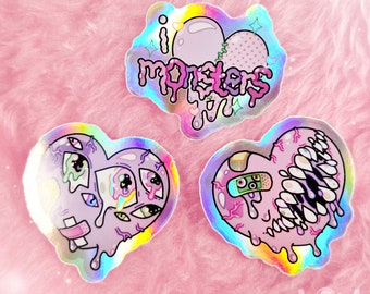 I LOVE MONSTERS sticker set - - - holographic, sparkly, glitter, vinyl sticker set, kawaii