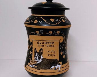 Urn for the ashes of a dog up to 53 lb ( 24kg ) customized with PORTRAIT, name, dates, words. Hand-painted ceramic, decorated in Greek style