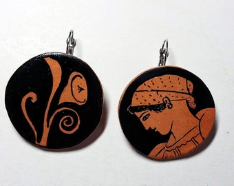 Pendant earrings inspired by ancient Greek pottery with lotus flower and woman profile