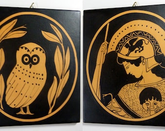 TO ORDER Pair of hand-painted and fired terracotta tiles. They depict the goddess Athena (Minerva) and the owl, images of Greek ceramics