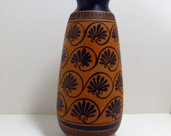 Ceramic vase made on a lathe and hand painted. Replica of an ALABASTRON, an ancient Greek perfume vase, decorated with palmettes.