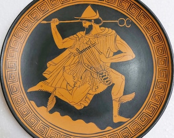 Decorative ceramic plate, copy from an ancient Greek cup. Hand painted and fired. Hermes (Mercury) runs on the sea.