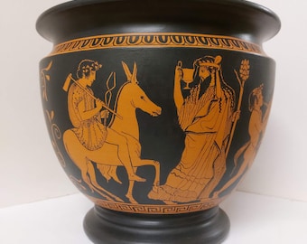 The return of Hephaestus, mythological scene with divinities, Maenads and Satyrs hand painted around a bowl, copy from an ancient vase.