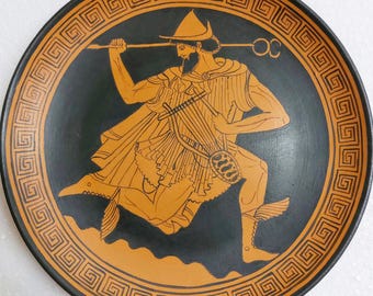 Hermes for the Greeks, Mercury for the Romans, messenger racing on the waves of the sea, hand-painted plate, copy from the British Museum
